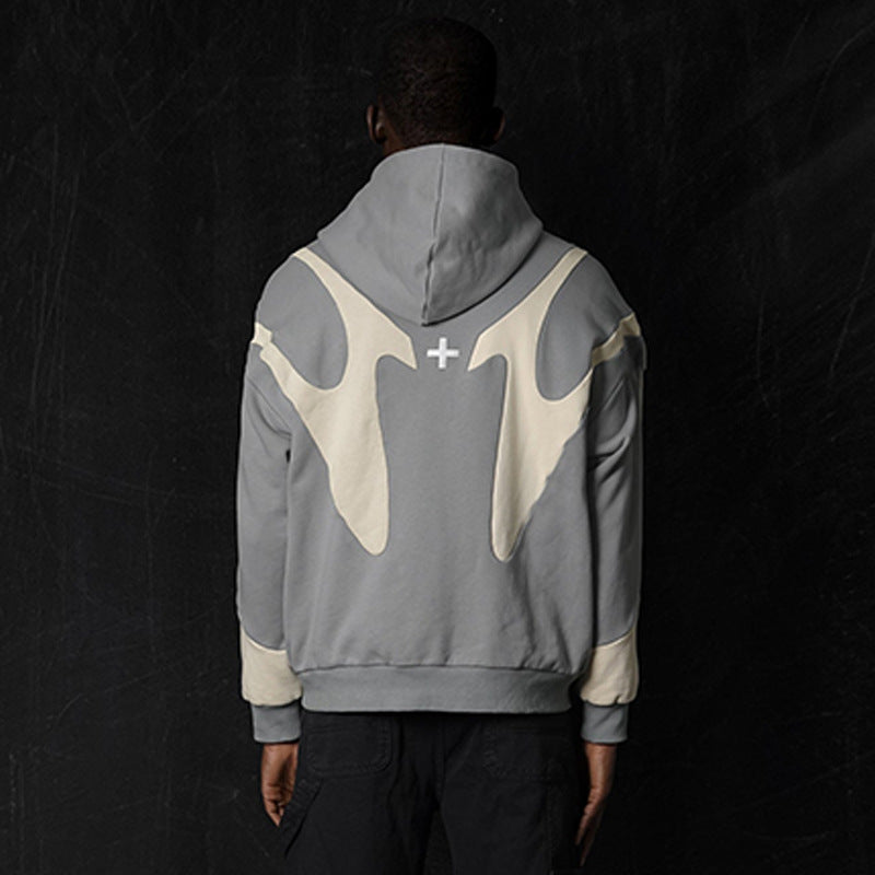 Pattern Stitching Trendy Hooded Cardigan Zipper Sweater