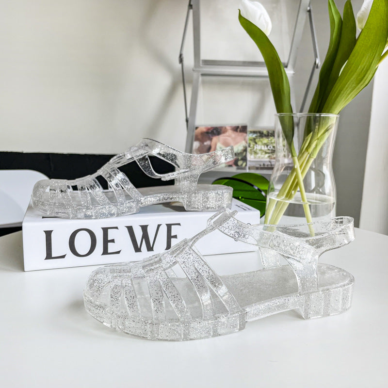 Women's Fashion Retro Flat Heel Transparent Plastic Jelly Shoes
