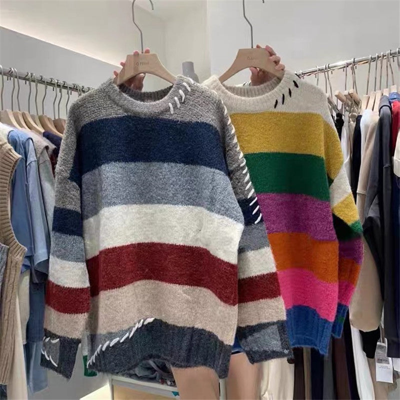 Rainbow Strip Loose Pullover Female
