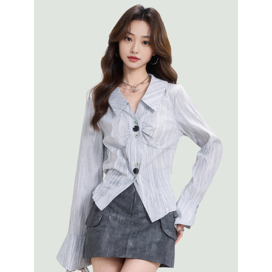 Bell Sleeve Lapel Long Sleeve Shirt Women's Spring French Chic