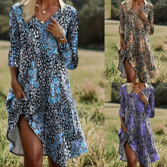 Womens Fashion V-Neck Printed Long-Sleeve Petite Floral Dress