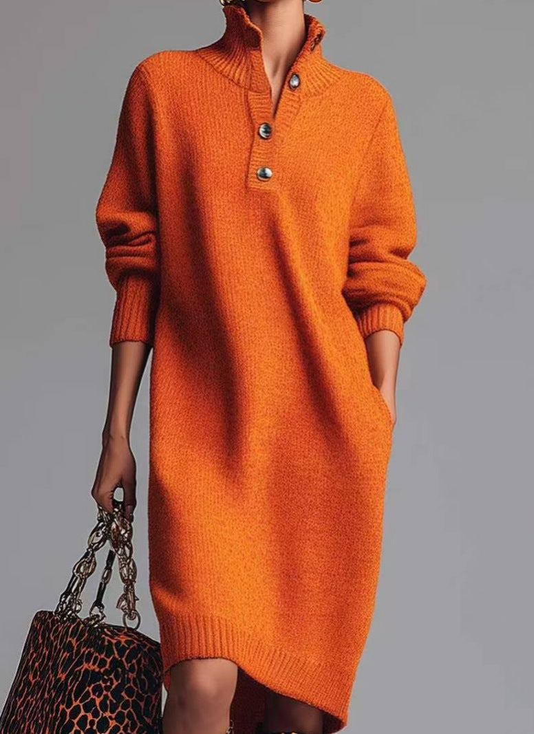 Casual Button Lapel Straight Knit Medium To Long Haired Dress