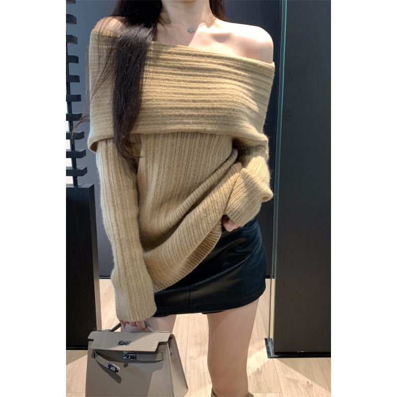 Lazy Style Shoulder-revealing Red Atmosphere Off-shoulder Sweater