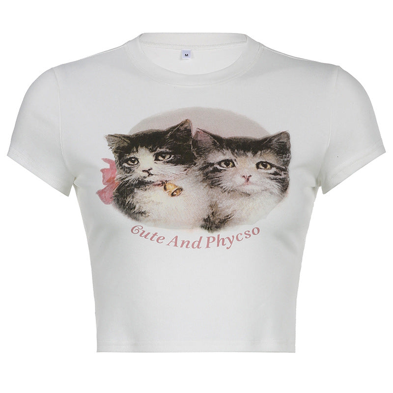 European And American Women's New Casual Round Neck Cute Cat Print Top