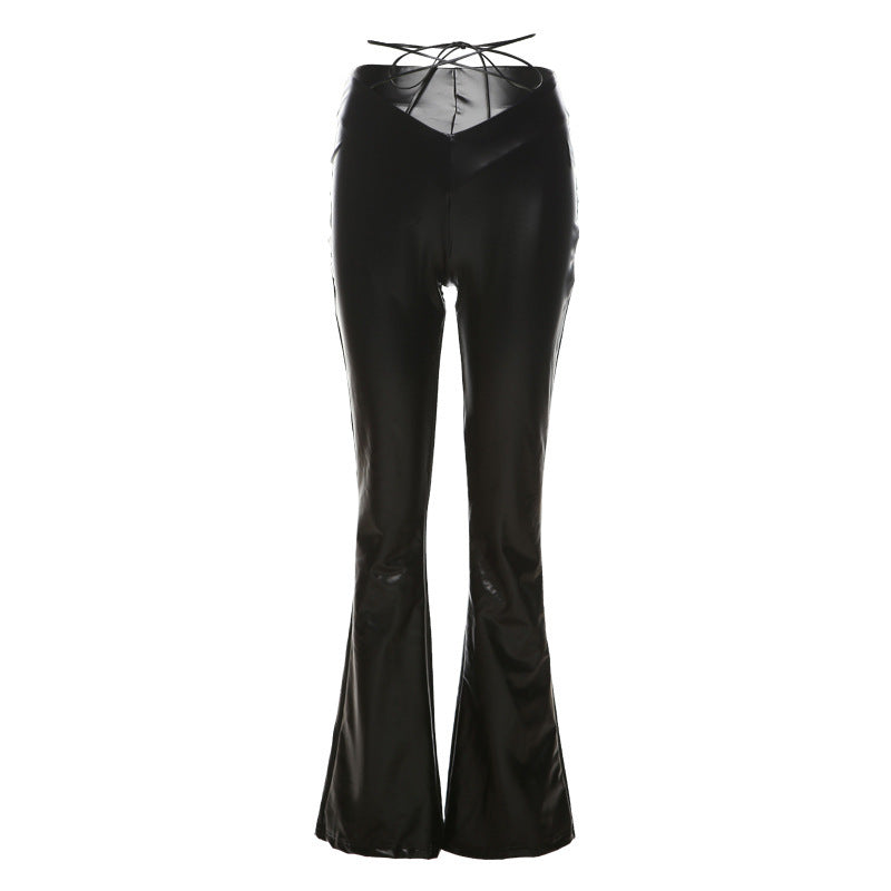 Fashion Women's New High-waisted Straight Tube Wide Leg Bandage Slim PU Leather Casual Pants