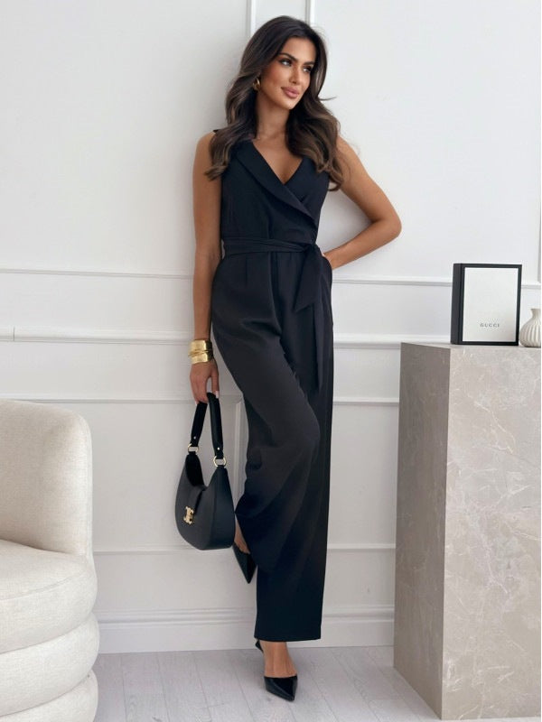 V-hals Ærmeløs Jumpsuit Med Bælte Design Sommer Mode Bukser Dametøj