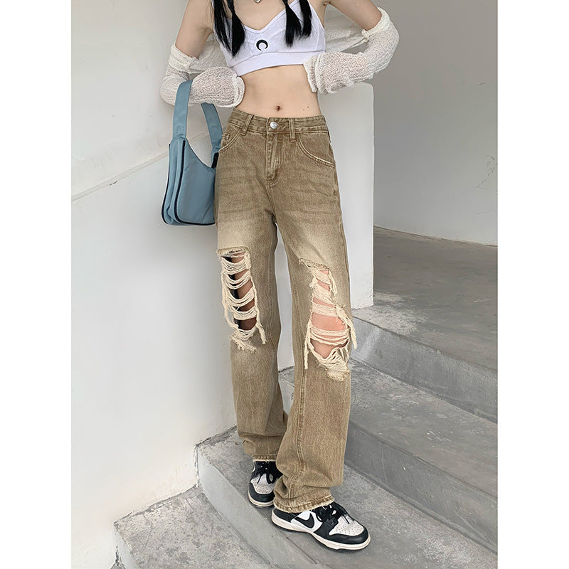 High Waist High Street Denim Retro Casual Straight Trousers