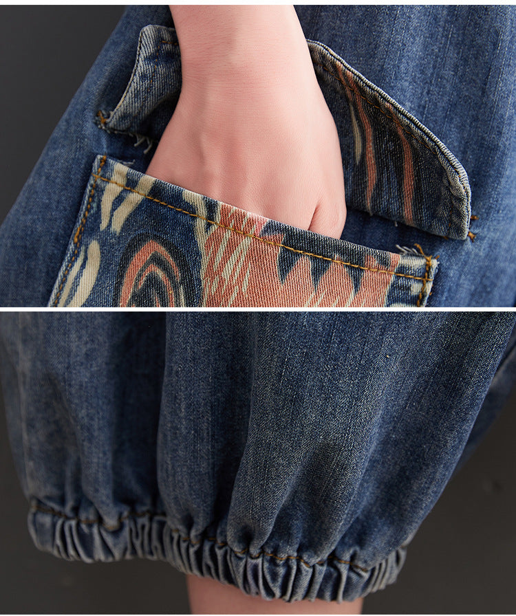 Denim Overalls Shorts Women's Fat Mm Print Stitching