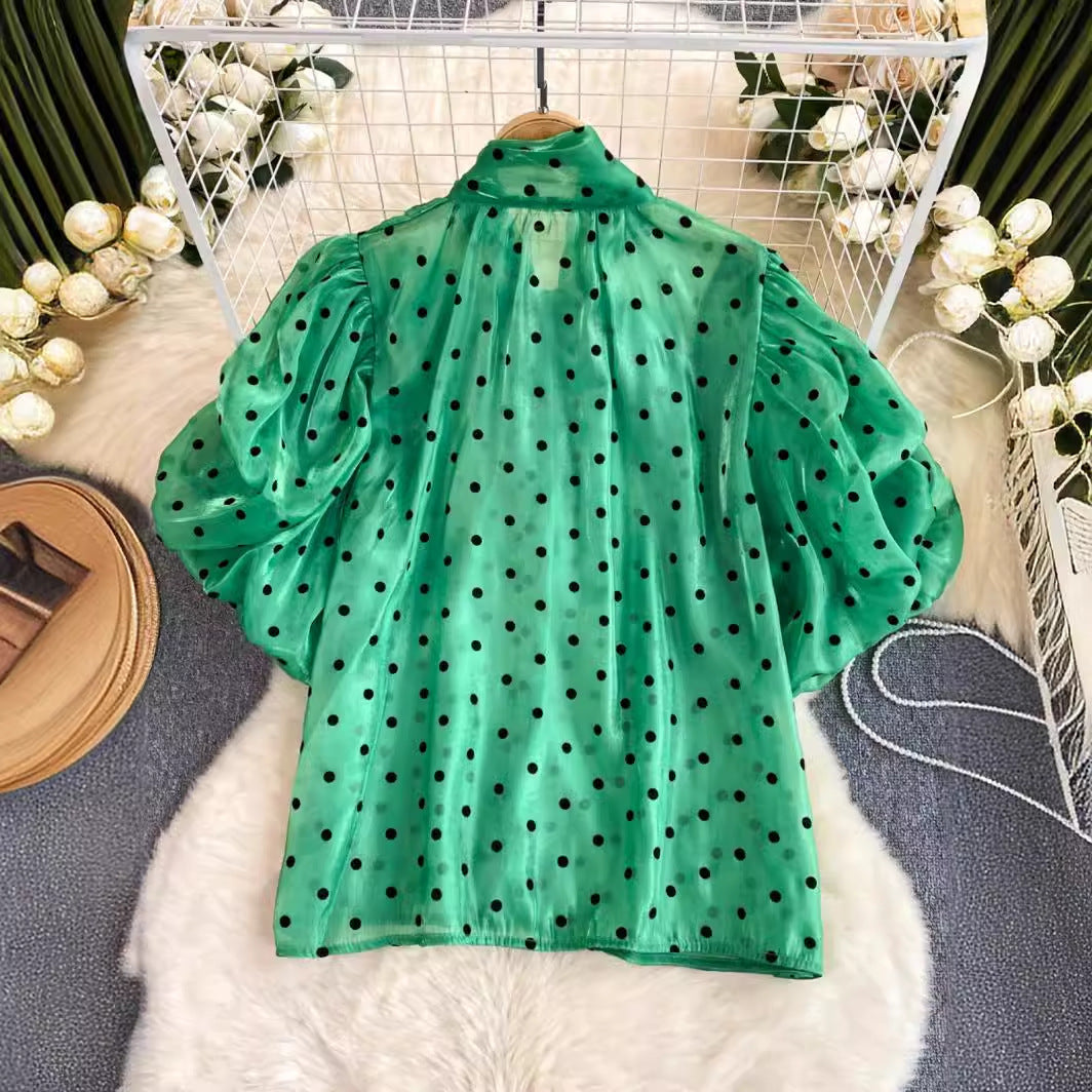 French Style Retro Dots Shirt Female Sweet Bow Collar