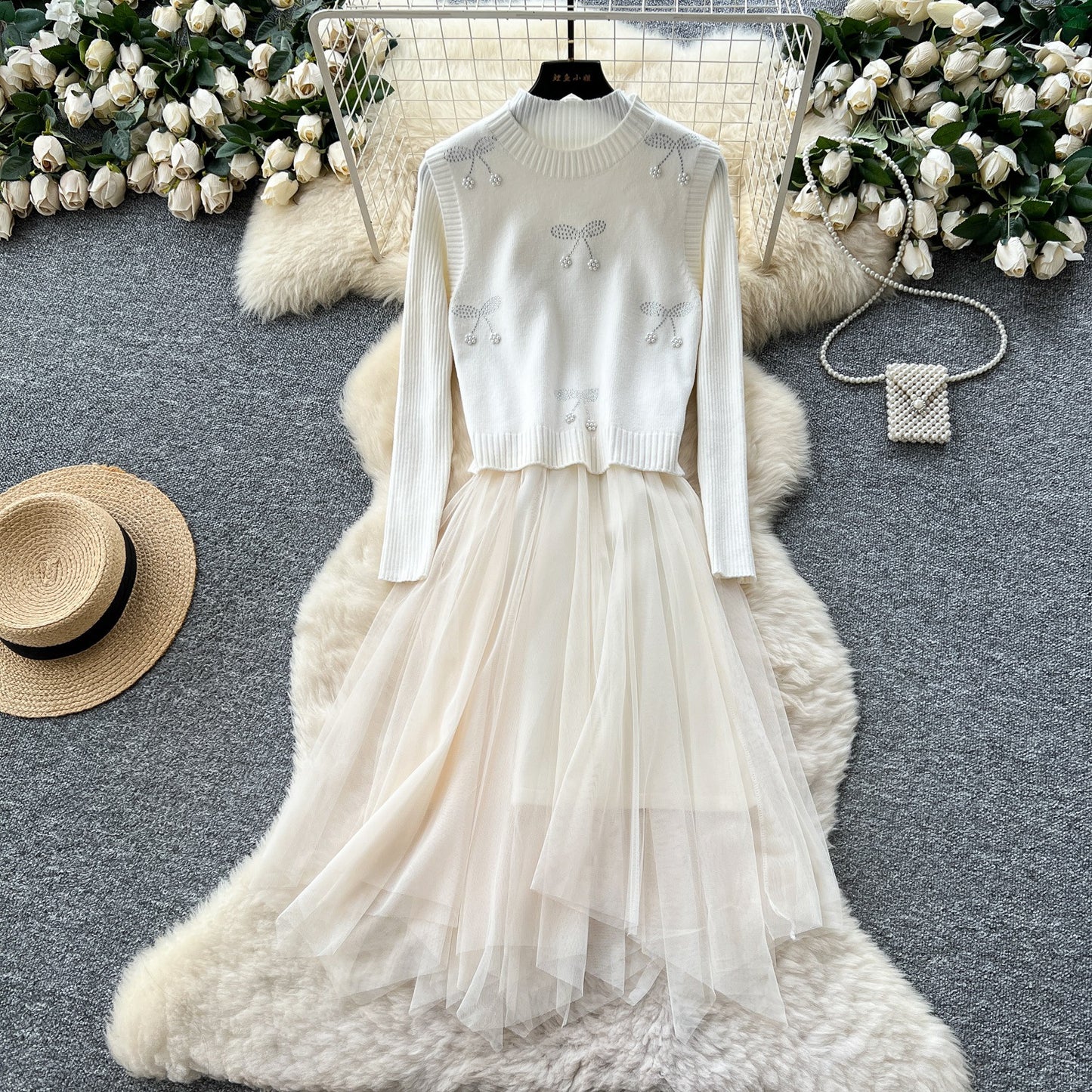 Cherry Vest Long-Sleeve Knitted Patchwork Mesh Dress