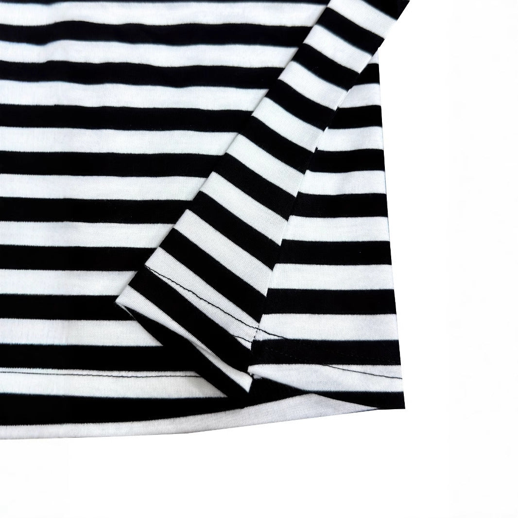 Women's Summer New Contrasting Color Slanted Shoulder Short Sleeved Striped Top