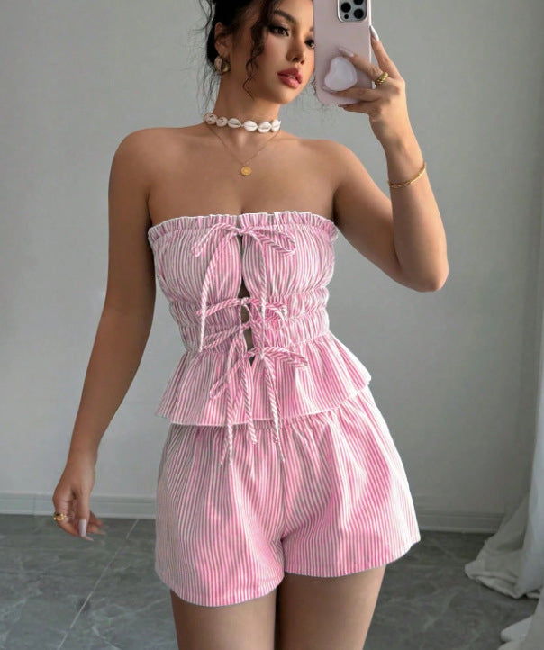 Striped Ruffled Midriff-baring Top Elastic-waist Shorts Two-piece Set