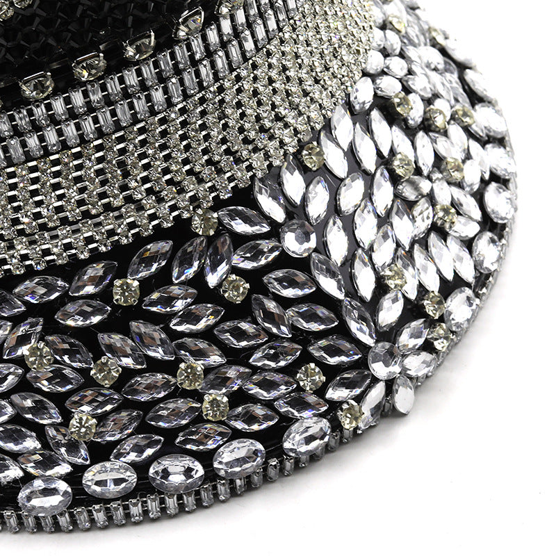 Kvinders Diamant Bryllupshat Sølv Pailletter Diamanter Fotohue Kasket med skygge Flad-top Hat Performance Hat