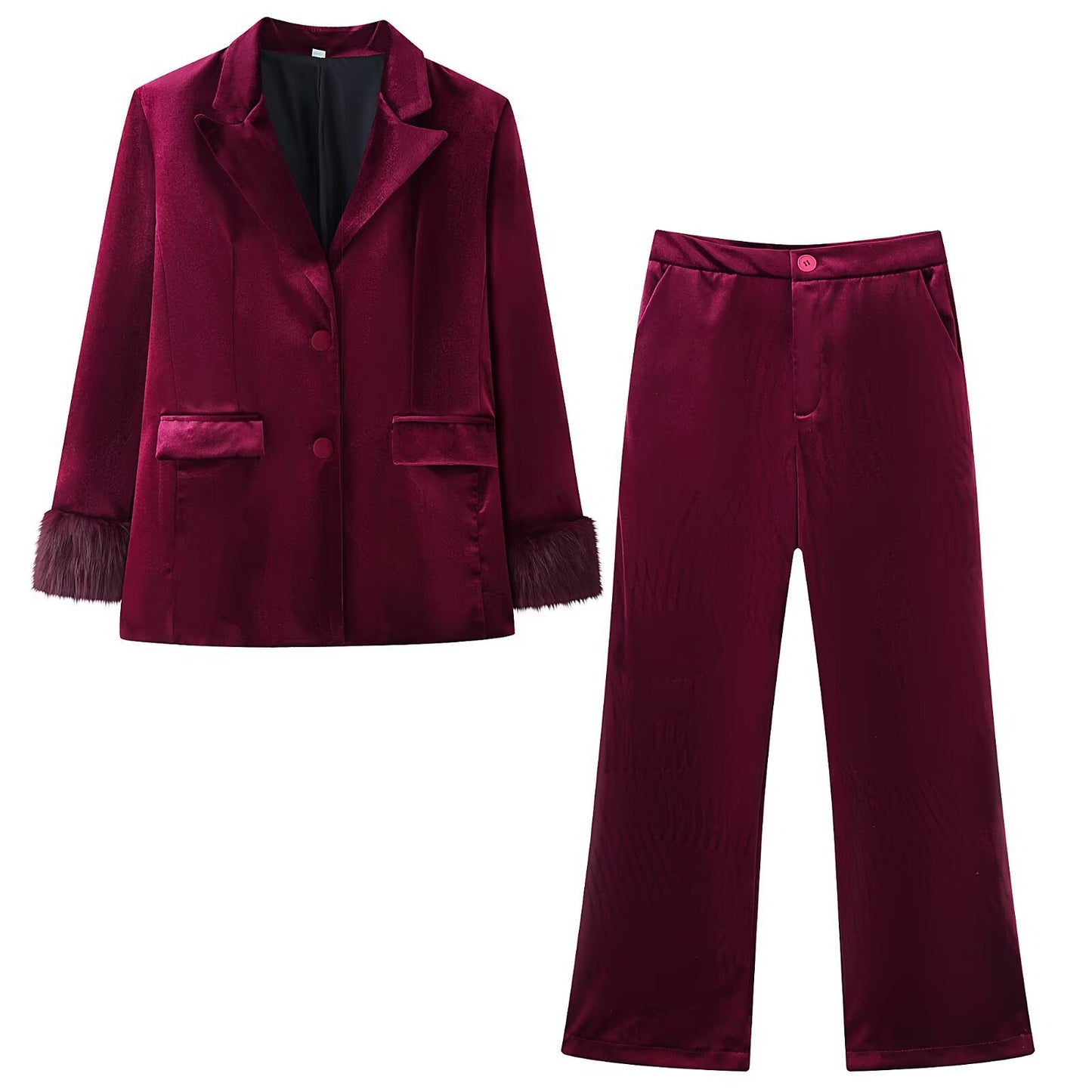 Velvet Suit With Hairy Cuffs And Long Pants Set