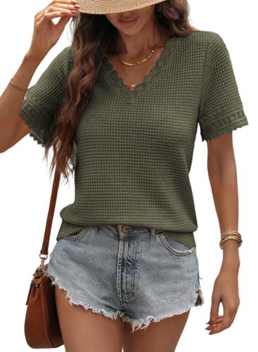 Womens V-neck Casual Waffle-knit Lace-panel Short-sleeve Top