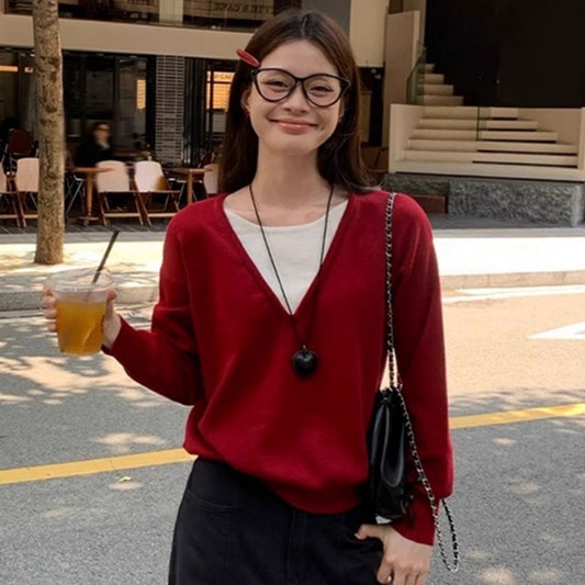Christmas Atmosphere Contrast Colors False-two-piece V-neck Red Knitted Loose Sweater