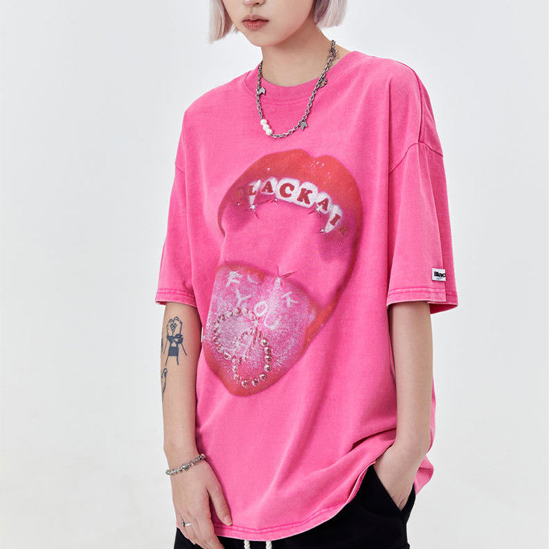 Retro Street Men's Red Lips Printed Short-sleeved T-shirt