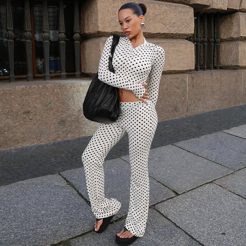 Cardigan With Dots Hooded Top Low Waist Contrast Color Trousers Suit