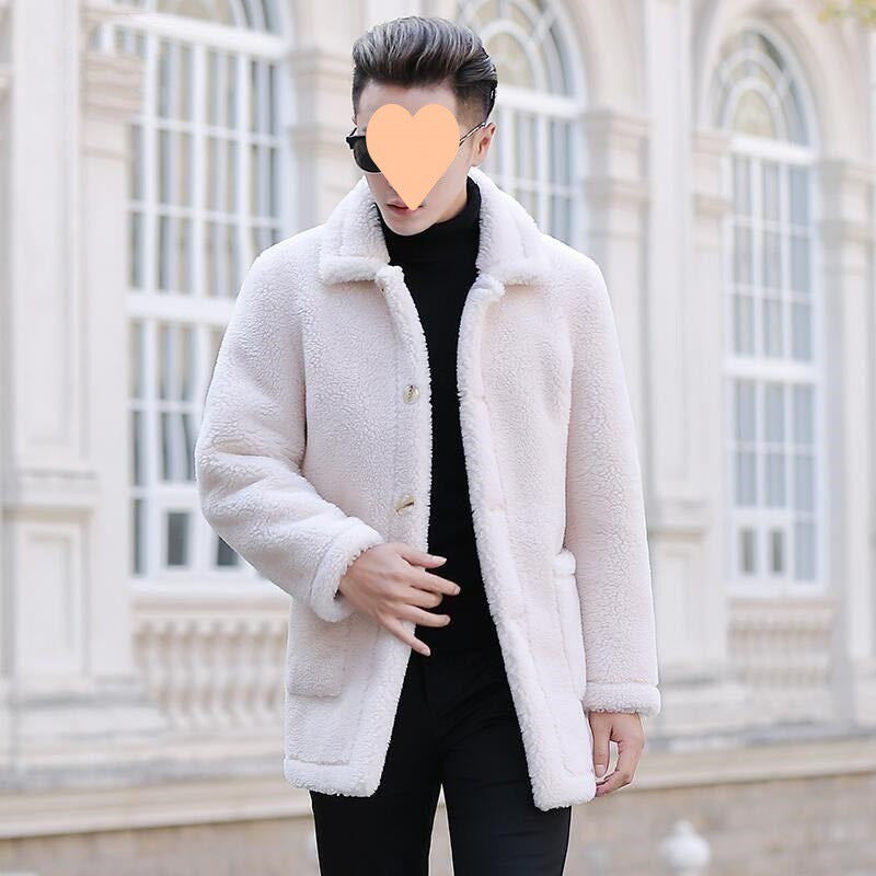 Artificial Lamb Wool Leather Coat Men's Mid-length Warm Coat