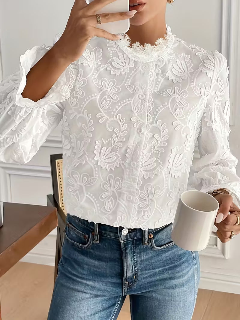 Elegant Embroidered Lace Blouse For Sophisticated Ladies In Spring And Autumn