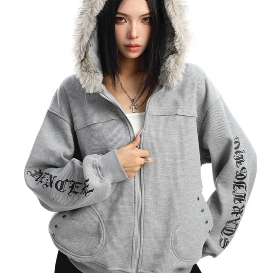 Women's Zipper Cardigan Detachable Fur Collar Sweater