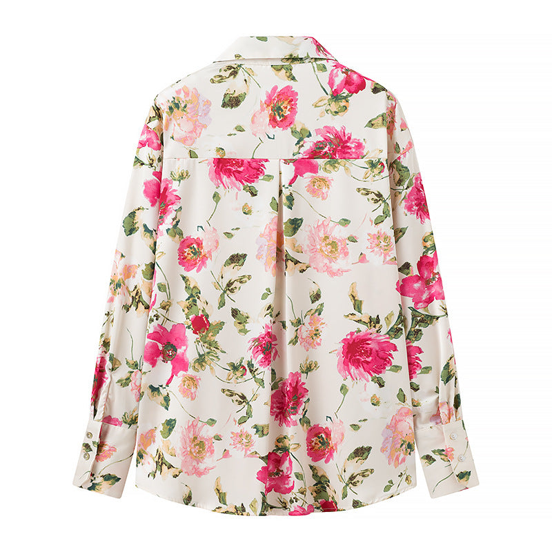 Women's Casual Vacation Style Loose Floral Print Silk Texture Shirt