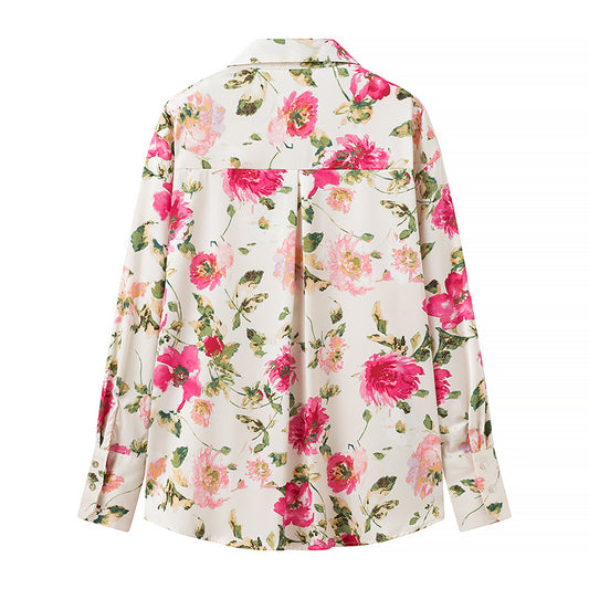 Women's Casual Vacation Style Loose Floral Print Silk Texture Shirt