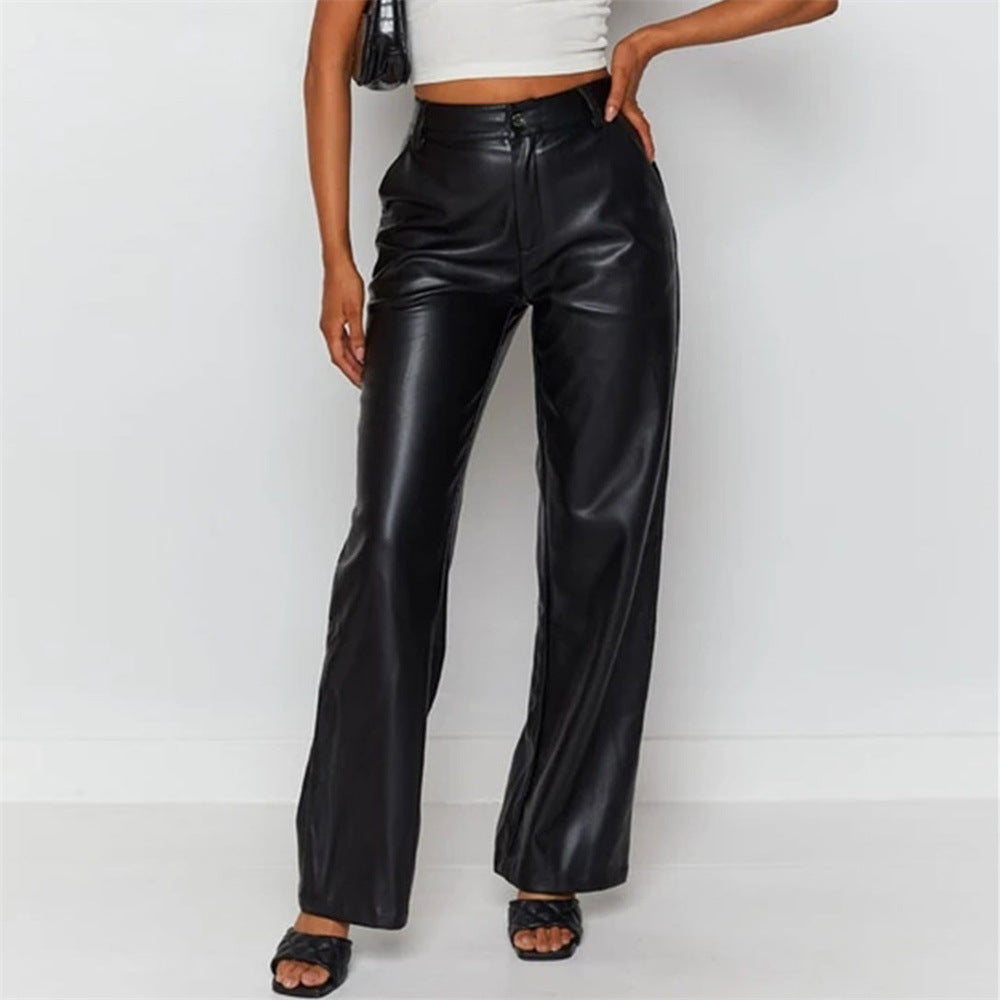 PU Trousers High Waist Loose Wide-leg Leather Pants Casual Trousers