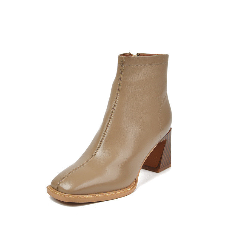 Square Toe High-heeled Women's Boots Plus Velvet Nude Short