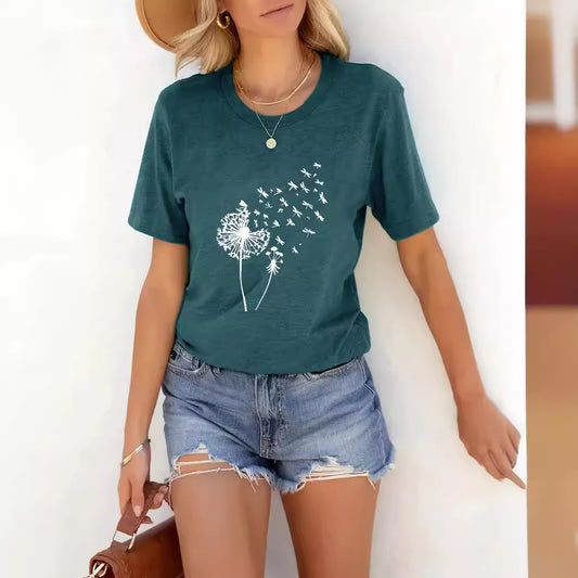 Dame T-shirt med rund hals 3D Mælkebøtte Mønster Digital Print Dametøj