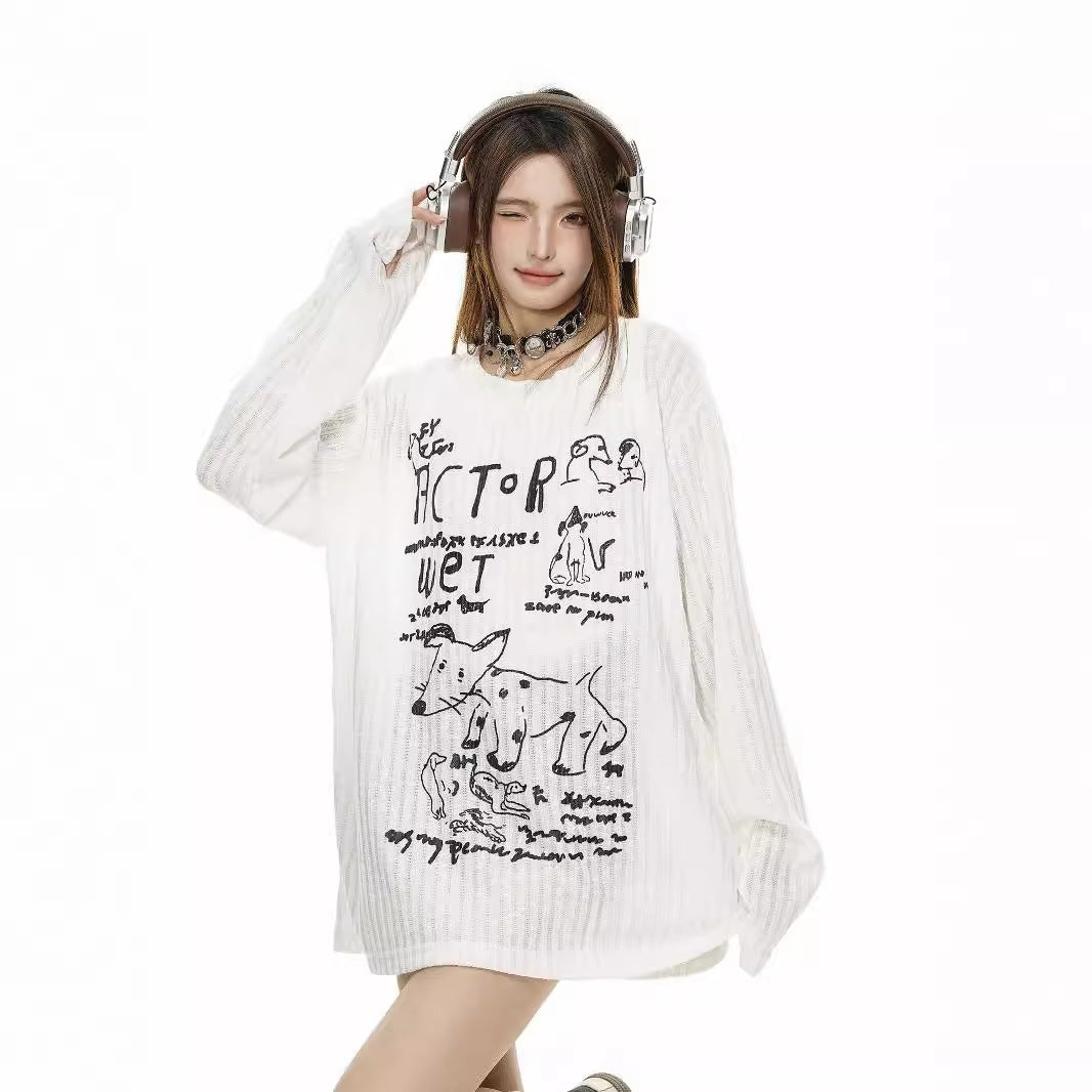 Hong Kong Style Retro Letter Animal Print Top