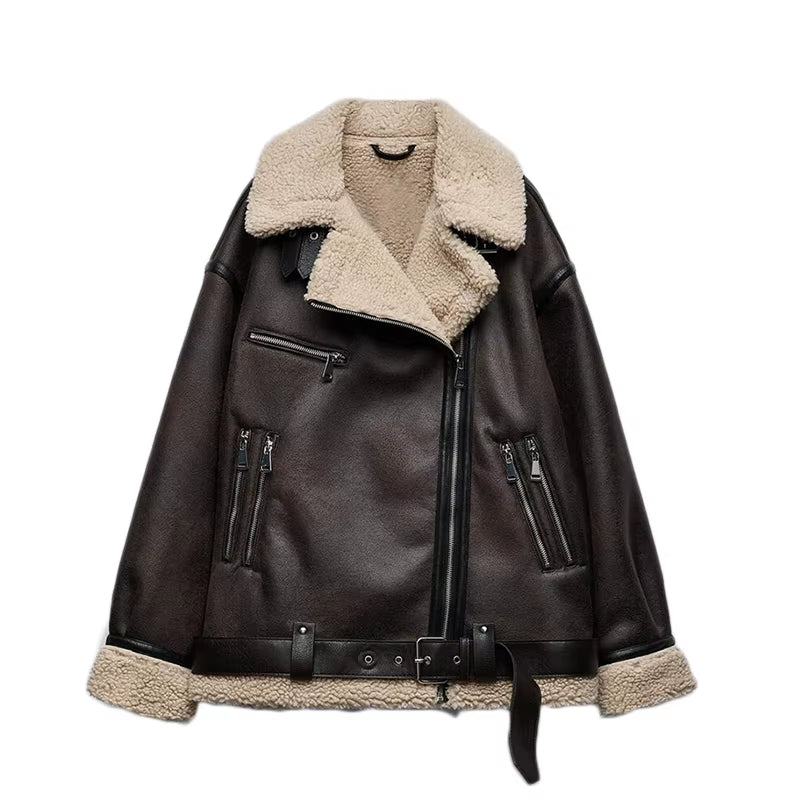 Autumn Winter Women Faux Lamb Fur Thick Warm Jacket with Belt Streetwear Female Zipper Loose Moto Biker Coat Outwear