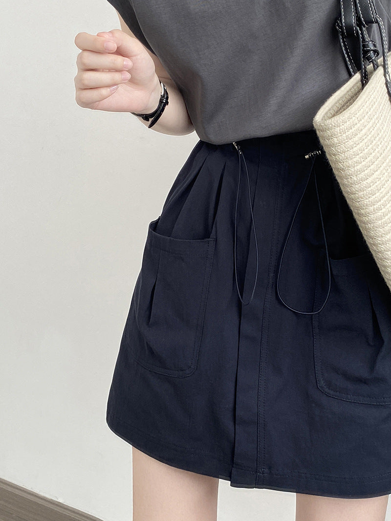 Drawstring Elastic Waist Skirt Large Workwear With Pocket Skirt