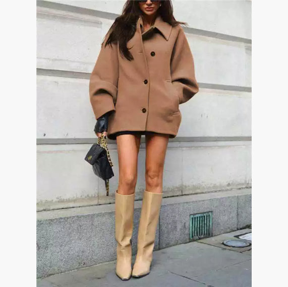 Fashion Brown Lapel Batwing Sleeve Coat