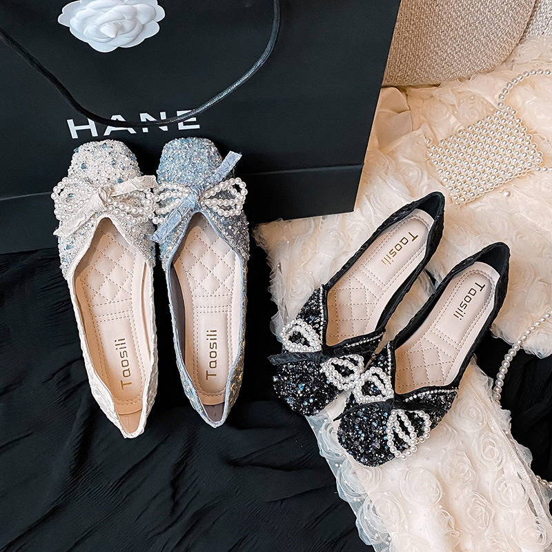 New Square Toe Flats Classic Style Rhinestone Pearl Shoes