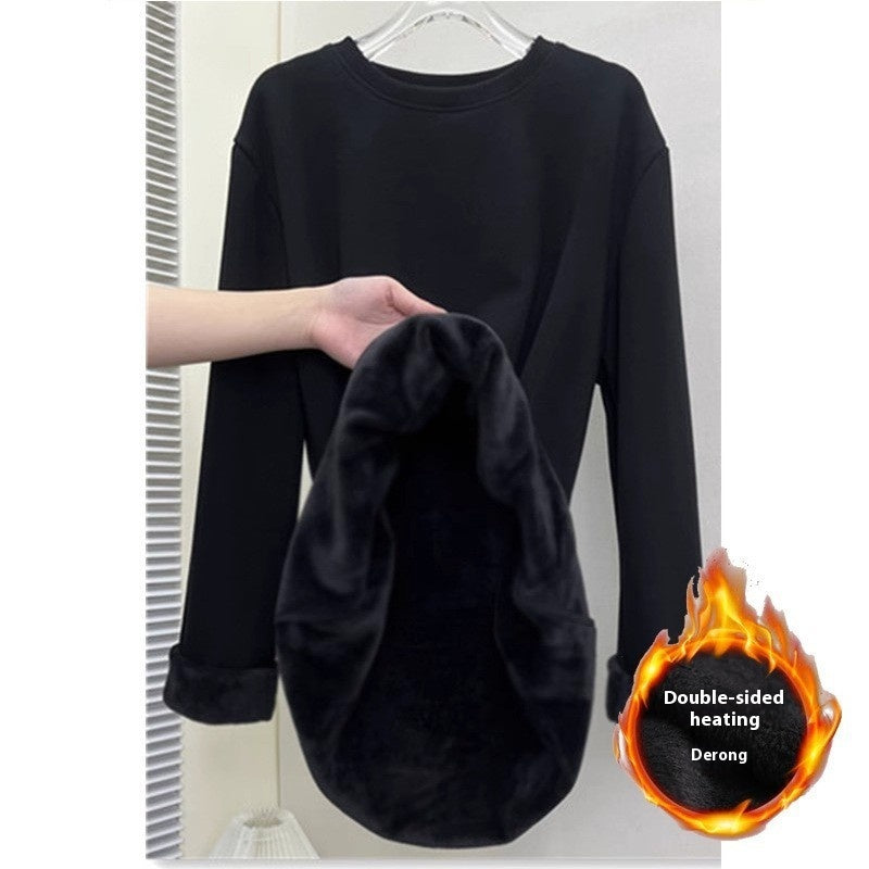 Plus Velvet Hvid Bundskjorte Dame Inder Match Mellemlang Løs T-shirt