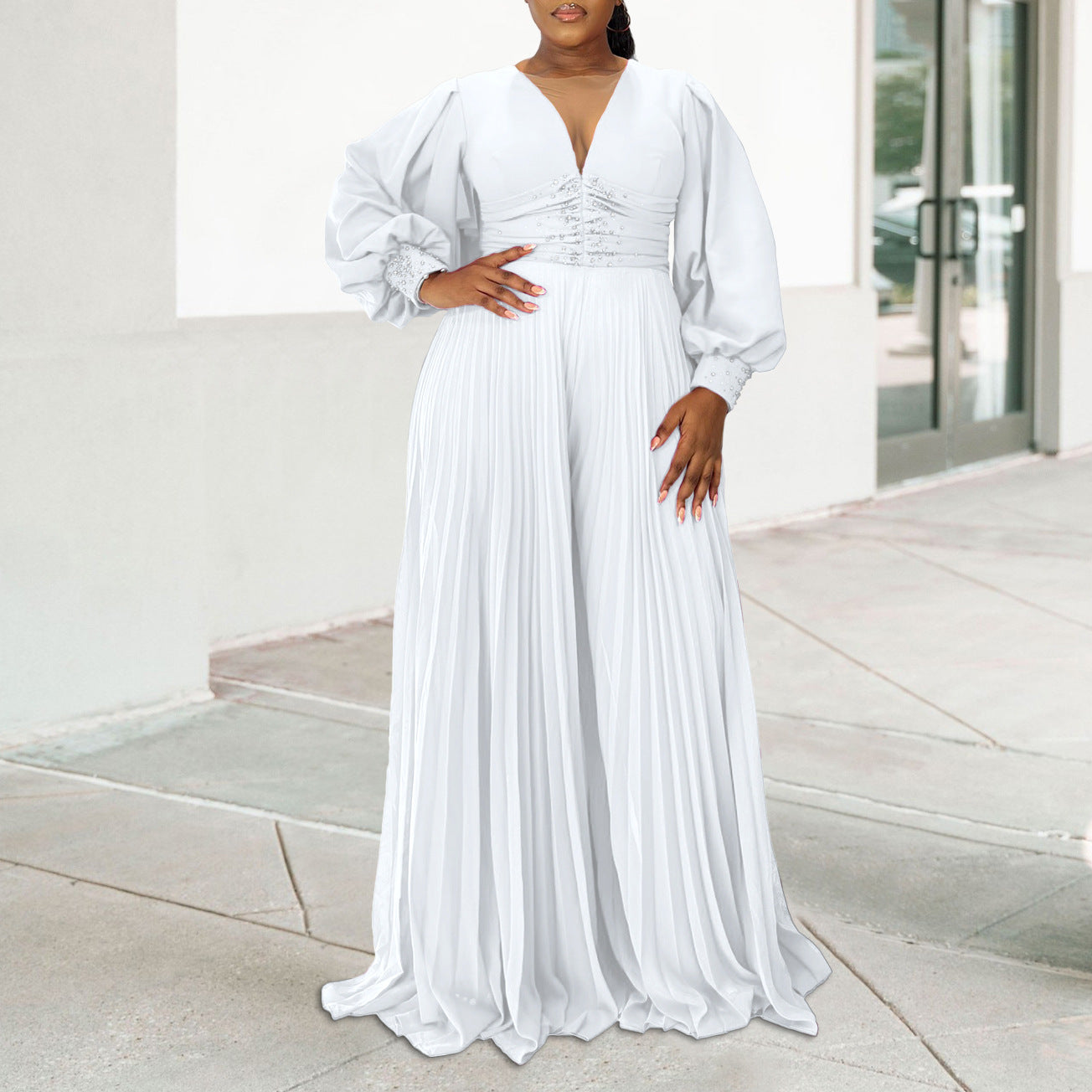 Women's Wide-leg Pleated African Jumpsuit Slightly Elastic