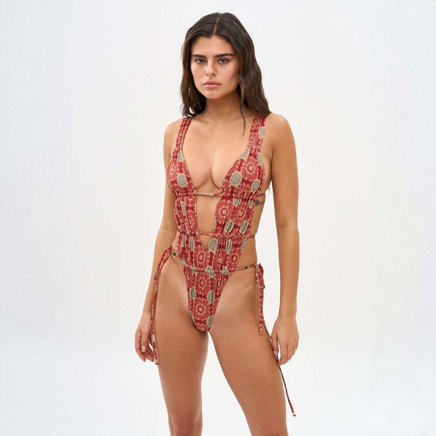 Printed Strap One-Piece Swimsuit Womens Cross-Border Deep V-Neck Backless Sexy Bikini