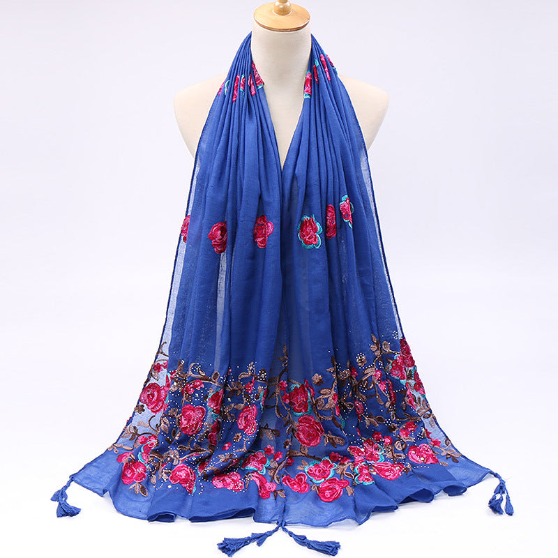 Pure Color Cotton And Linen Embroidered Hot Drilling Fringe Scarf
