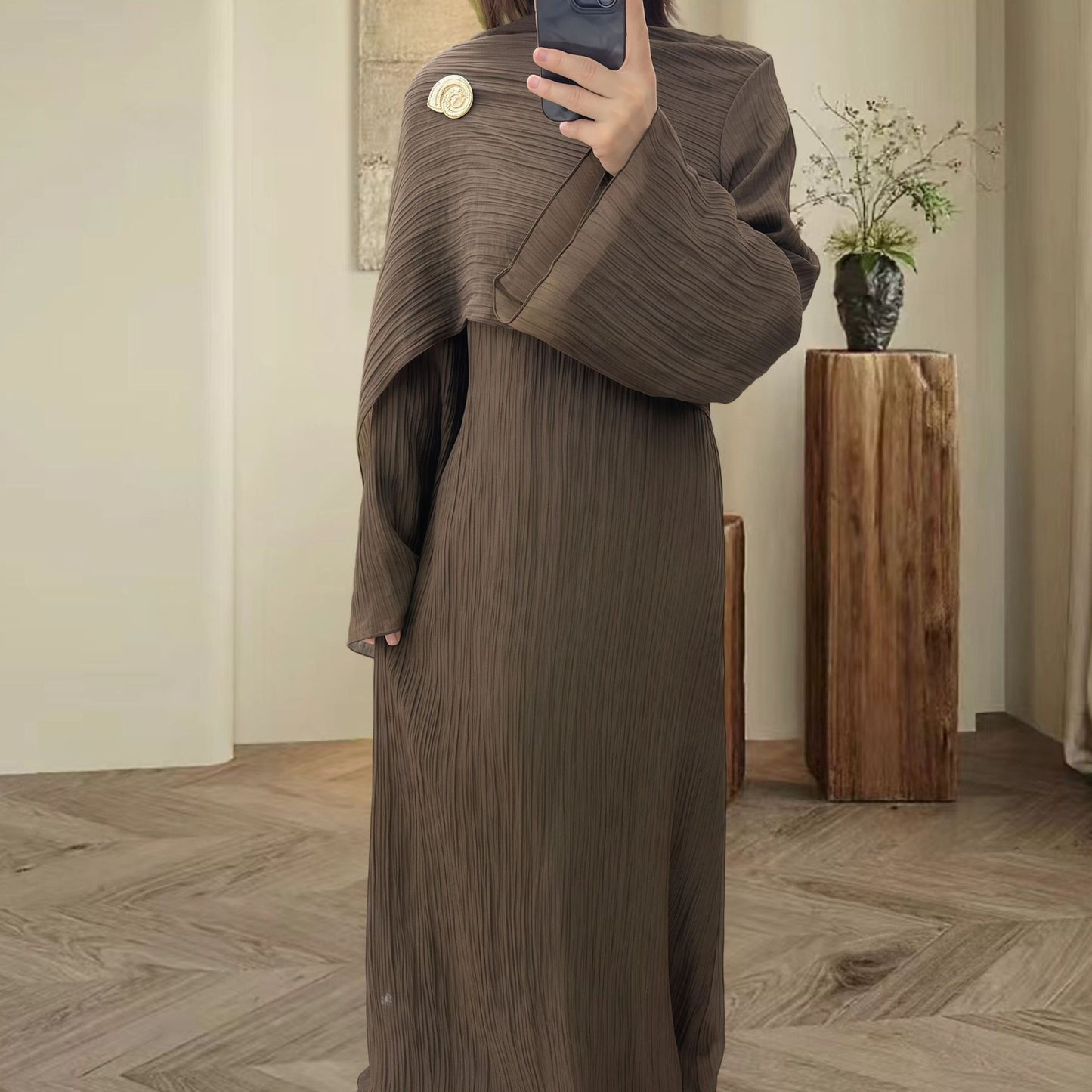 Women's Autumn Muslim Crew-Neck Pleated Long Skirt