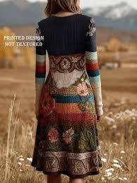 Retro Cable-Knit Long-Sleeve Womens Dress With A Crew Neck And Patchwork Design
