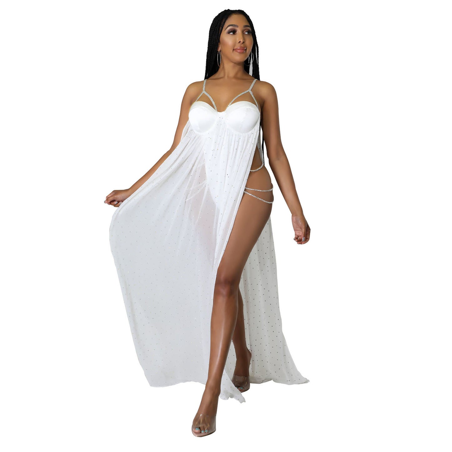 Women's Fashion Mesh Skirt Ironing Drill See-through Jumpsuit