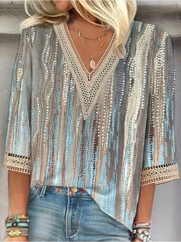 Women's Loose New Multi-color Floral Print Stitching Lace Mid-sleeve V-neck T-shirt