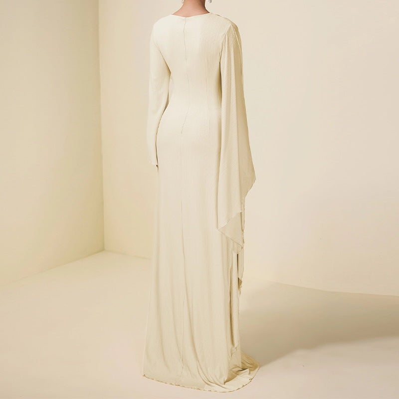 Crew-neck Asymmetrical Ruffle Long-sleeve Apricot Dress