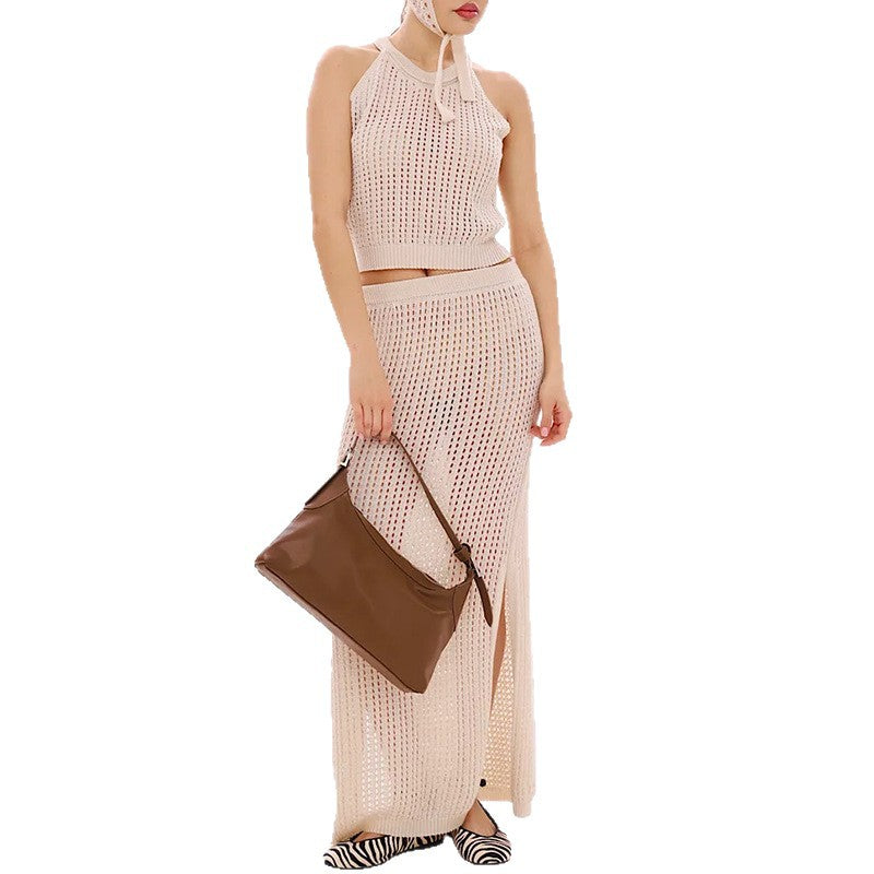 Womens Knitted Crew-Neck Vest And Long Skirt Set For Women
