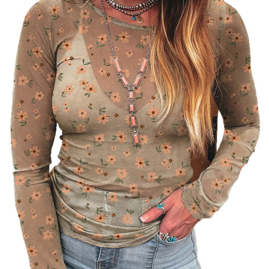 Casual Floral-print Crew-neck Long-sleeve Slim-fit Bottoming Top