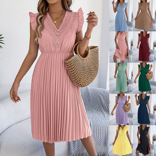 Casual Lace V-neck Ruffled-waist Pleated Dress