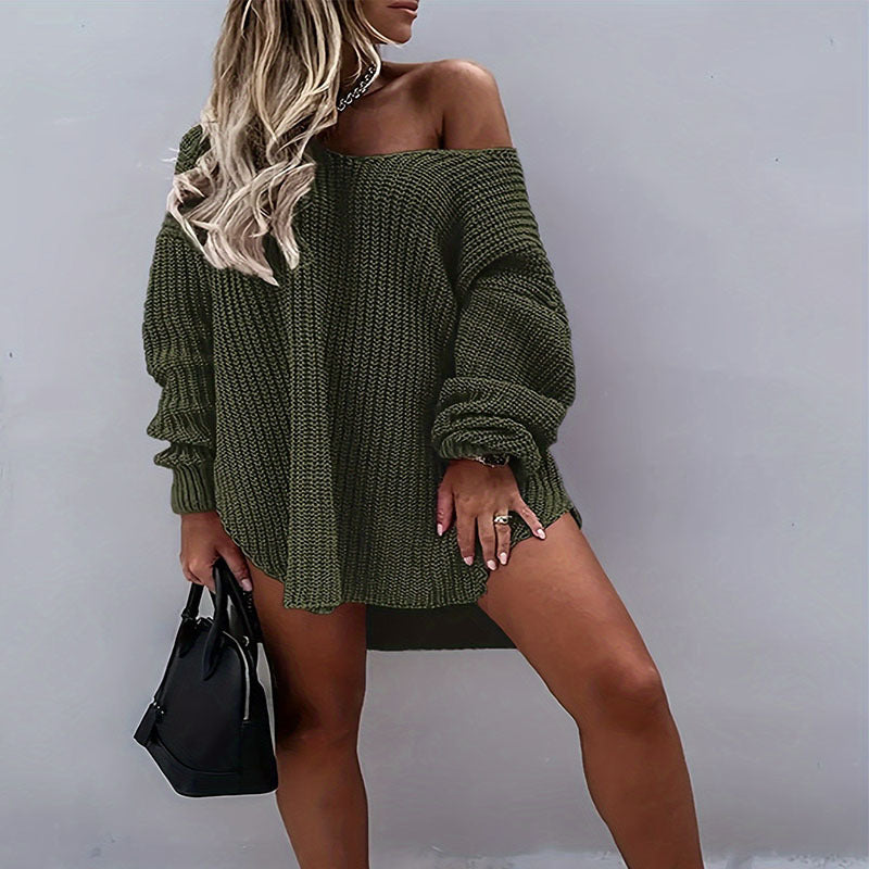 Mid-length Off-shoulder Solid-color V-neck Loose Sweater