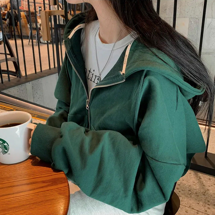 Casual Hooded Personality Double Zipper Fleece Padded Sweater Coat