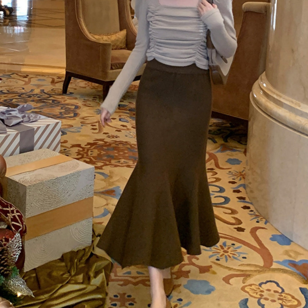 Womens Solid-Colored French-Style Retro High-Waist Knitted Fishtail Skirt